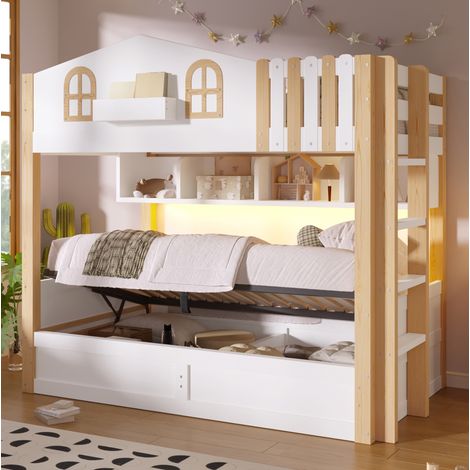 Lit superposé 90x200 cm style cabane avec LED et rangement, blanc/naturel (1/5)