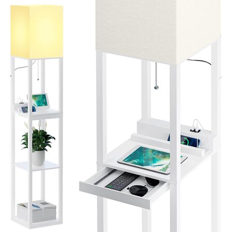 Lampadaire Salon, Lampadaire Bois Massif avec 3 Températures de Couleur, 2 Ports de Charge USB et 1 Tiroir, Lampe sur Pied de Avec en Bois Etagères Pour Chambre et Salon, Blanc,Ampoule Incluse (1/5)