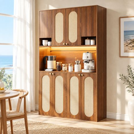 Credenza alta a 8 ante con LED regolabile, MDF e rattan PE, naturale DESVIAE (1/5)