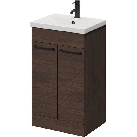 Napoli 390 Brown Oak 500mm 2 Door Vanity Unit with Glide Basin - 500mm - Matt Black 160mm Handle
