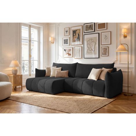 Ecksofa Schlafsofa ONTARIO in Stoff Poso Schwarz Ottomane Links