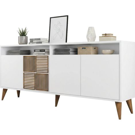Credenza Benjamin, Madia 2 Ripiani, 6 Vani, 4 Ante, 180x35x79h cm Bianco