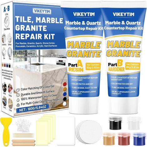 Kit de Réparation pour Marbre et Granit (Couleurs Assortie) 160g  Kit Reparation Carrelage pour Trous Fissures Défauts Éclats, Remplissage Reconstruction Marbre Céramique Pierre Surface Dure (1/5)