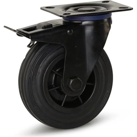 Roulette pivotante freinée - MESO - Caoutchouc noir - Platine - 125mm - 150kg