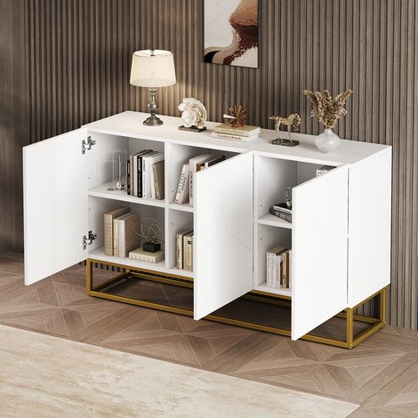Aparador de cocina blanco de 3 puertas con estantes regulables, mueble de almacenaje para entrada de salón, patas doradas, 130 × 38 × 76 cm (1/5)