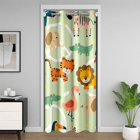 Rideau de Porte Animaux Jungle 86x203 cm - Occultant pour Enfants avec Tigre, Elephant, Lion, Crocodile, Girafe, Flamant - Traitement de Fenêtre - 86L X 203H cm (1 Panneaux) (1/5)