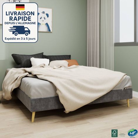 Cama 160x200 - Cama adulto tapizada en tela - Cama Queen tapizada en terciopelo holandés, tejido hipoalergénico, láminas reforzadas, minimalista - Gris