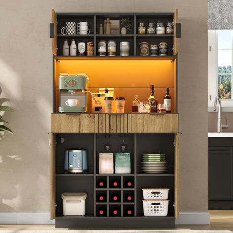 Meuble de cuisine, colonne avec éclairage LED et prises électriques, armoire de rangement avec 3 tiroirs, porte-bouteilles et supports pour verres à vin, vitrine pour salon et salle à manger, 105 × 40 (1/5)