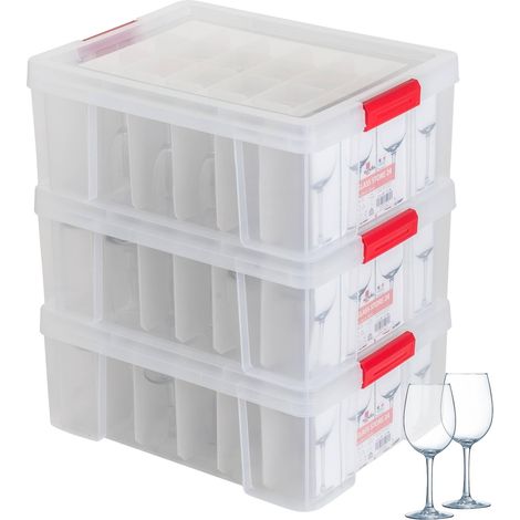 SUNDIS Glass Store, set di 3 scatole portaoggetti bicchieri, in plastica trasparente, rinforzata con coperchio a clip, pareti diritte, impilabili e combinabili, capacità 24 bicchieri (1/5)