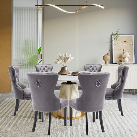 Puluomis – Lot de 6 chaises de salle à manger en velours – Dossier haut, assise rembourrée, pieds en bois massif – Confort et élégance – Gris