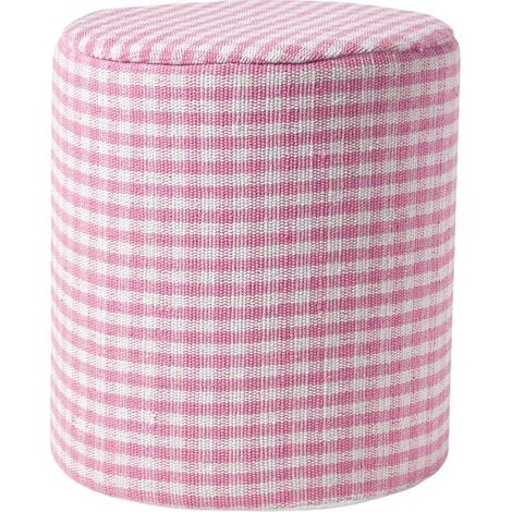 HOMESCAPES Vichy-Karo Pouf rund – rosa-weißer Hocker, 40x42 cm