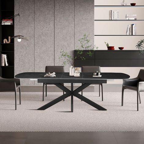 Table repas extensible 180-220 cm en pierre effet marbre noir et métal