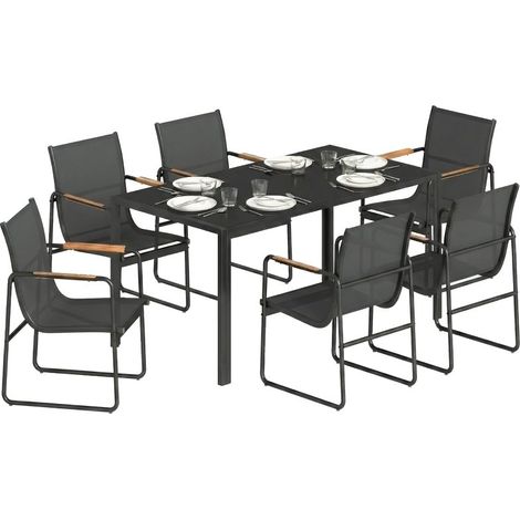 Conjunto de jardín con mesa de vidrio de 150 x 80 cm, equipado con 6 sillas transpirables con brazos decorativos, color negro (1/5)