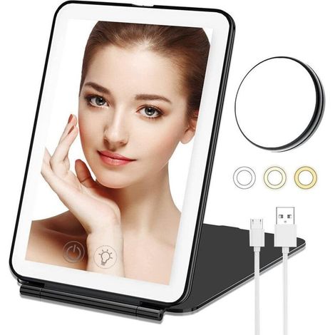 Miroir de maquillage tactile avec miroir rond grossissant x10, rechargeable par USB, portable et rechargeable - Noir (1/2)