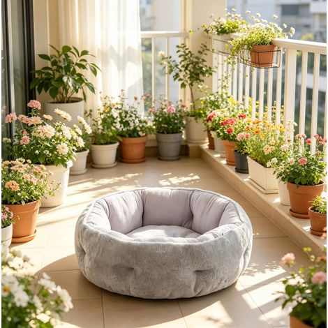 Lit réversible pour chats d'intérieur et petits chiens, rond avec rebord, gris clair HAVRYA (1/4)