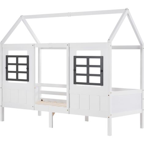Lit cabane enfant blanc 200 x 90 cm avec 2 fenêtres en pin et MDF (1/5)