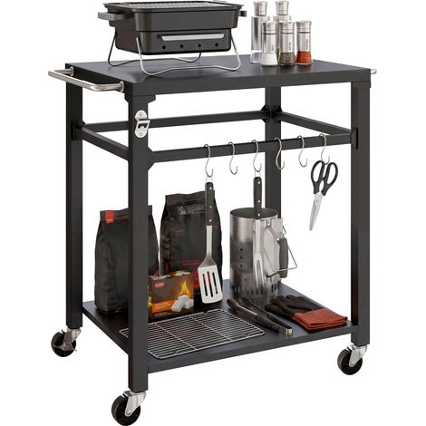 Gartenwagen mit Rädern und Grill mit Haken – Abschließbare Griffe und Räder – 90,5 x 55 x 88 cm – Schwarz
