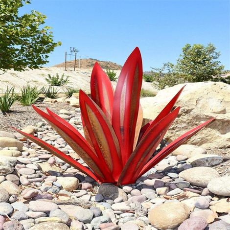 Sculpture Rustique de Tequila - Art décoration Statue Déco à la Maison, Figurines de Jardin, 9 feuilles, Plantes d'agave en Métal pour Cour Extérieure - 55cm Rouge