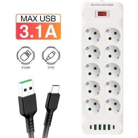 NALOOKAMIC Multiprise USB 10 Prises avec 4 Ports USB Chargeur de Voyage (5V3.1A) 1 USB C,Multiprises Electrique 2500W 10A avec Cable 2m,Maison, Bureau-Blanc