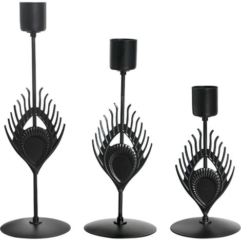 Ensemble de 3 bougeoirs en métal et fer, design Plumes noires, décoration intérieure romantique pour dîner aux chandelles (1/5)