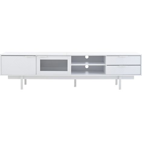 Meuble TV moderne blanc 200 x 40 x 50,5 cm avec 2 portes, 2 tiroirs et grand espace de rangement, support jusqu'à 45 kg pour TV 80 pouces (1/5)