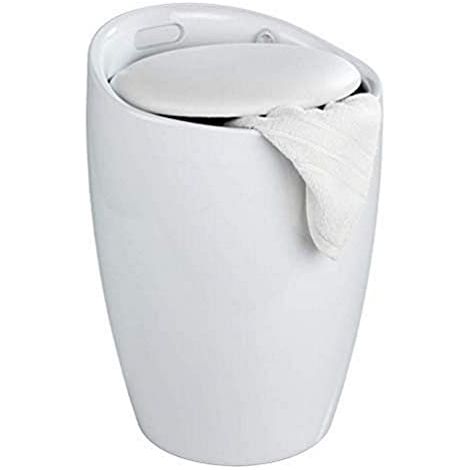 WENKO Sgabello Cesto per la biancheria, cesto per la biancheria e sgabello per il bagno Candy, cuscino rimovibile, Plastica, 20 litri, Ø 36x50,5 cm, Bianco