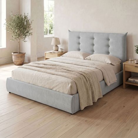 Lit coffre 160x200 tête de lit capitonnée en tissu texturé gris clair (1/5)