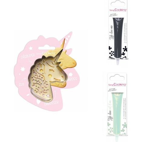 Kit pour biscuit en relief Licorne + 2 Stylos au chocolat noir et vert d'eau
