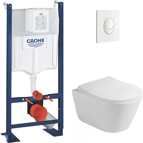 Grohe Pack WC Bâti-support autoportant + WC sans bride Lucco Avva + Abattant softclose + Plaque blanche (ProjectAvva-3) (1/5)