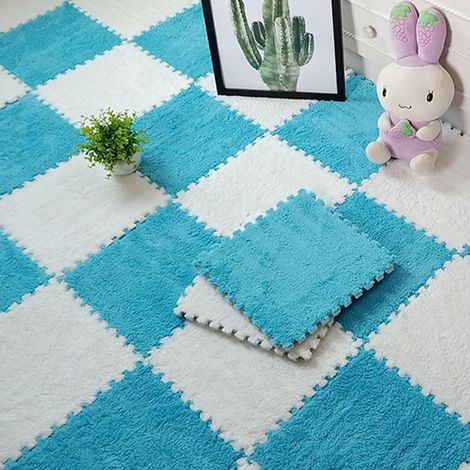Lot de 10/20 dalles de moquette emboîtables en mousse, tapis de sol puzzle en peluche 30 x 30 cm avec bordure pour salon/chambre à coucher (10 pièces bleu + 10 pièces blanc) (1/5)