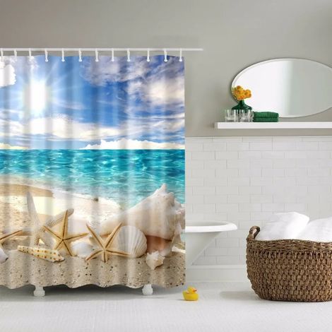 Rideau de douche à motif coquillages, étoiles de mer, conques, palmiers bleus et coucher de soleil, décor de salle de bain, 120 x 180 cm (47 x 70 pouces), 120 x 180 cm (47 x 70 pouces)