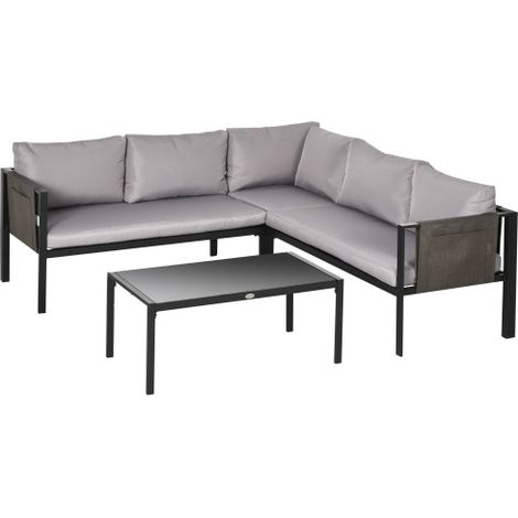 5 Seater Garden Corner Sofa Set, 4 Pieces Metal Garden Furniture Set with Loveseats, Glass Top Coffee Table, Breathable Mesh Pocket, Outdoor Conversation Furniture with Cushions, Light Grey