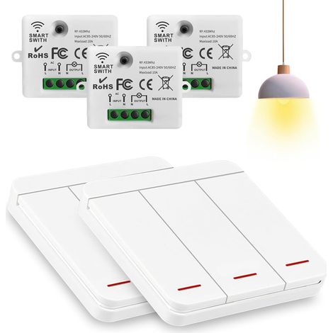 Interrupteur Sans Fil 230V, Installer Interrupteur sans percer, Interrupteurs Télécommande pour garage Salon, Escalier, Extérieur (2 Interrupteur + 3 Récepteur) (1/5)