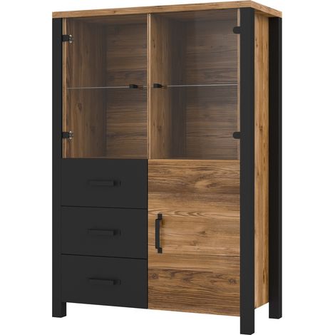 Estantería Tornua 105, Abeto oscuro + Negro mate, Cerrable, Con cajones, Con puertas, Aglomerado laminado, Vidrio, Número de puertas: 3, Número de cajones: 3, 146x101x43cm (1/5)