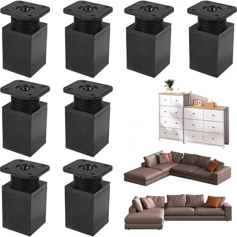 8er-Pack Möbelfüße, höhenverstellbar, schwarz, 6 cm hoch, quadratische Aluminiumlegierung, inklusive Schrauben, belastbar bis 30 kg, für Sofa, Schreibtisch, Fernseher, Tisch, Bett, Schrank (1/5)
