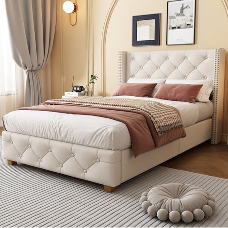MEUBLIV Letto 90x200 cm beige – testiera capitonné, doghe incluse, senza materasso (1/5)