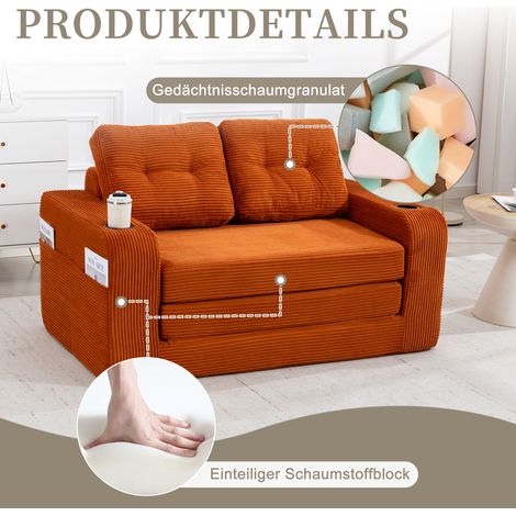 Canapé biplace velours côtelé orange avec porte-gobelets et poches. Pouf double convertible,coussins et dossier matelassés sans cadre. (1/5)