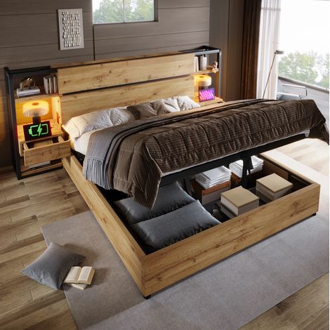 Cama doble con almacenamiento y carga USB roble moderno OKMYHOME (1/5)