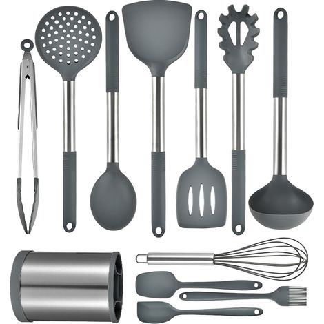 Kitchen Cooking Utensil Set 12 Pièces, Ustensiles de Cuisine en Silicone Anti-Dérapant, Outils de Cuisson Essentiels avec Support Rotatif, Gris Foncé (1/5)