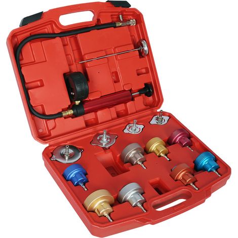 Kit de Testeur de pression du Système de refroidissement - Coffret avec 14 pcs. - avec Bouchon Codage par couleur & Pompe Test (1/4)