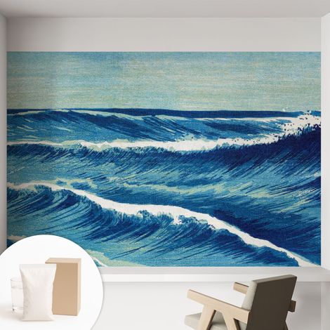 Papier peint intissé avec imprimé pour intérieur moderne application facile a motif - Colle incluse gratuite Vagues de la mer 152x104 cm (1/5)