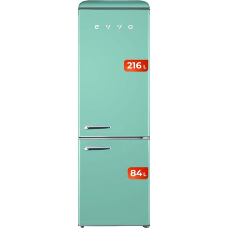 EVVO Frigorífico combi F55 Retro Verde Aquamarina, refrigerador 216 litros, congelador 84 litros, diseño vintage, cajón Crisper Zone, Turbo fan, libre de gas CFC, silencioso