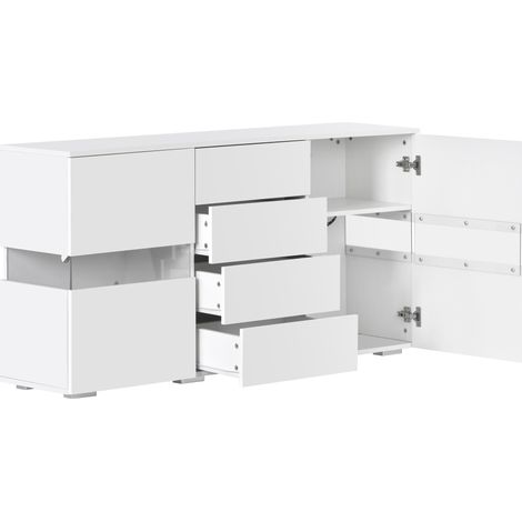 Credenza bianca lucida con LED a 16 colori, 4 cassetti e 2 ante in acrilico, MDF (1/5)