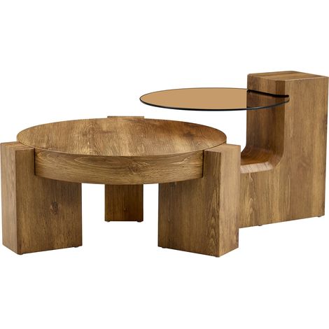 Ensemble de tables basses modulables – MDF aspect bois + verre de sécurité teinté brun 0,6 cm, utilisable en table basse ou séparé en deux tables d’appoint, adaptable à différents salons