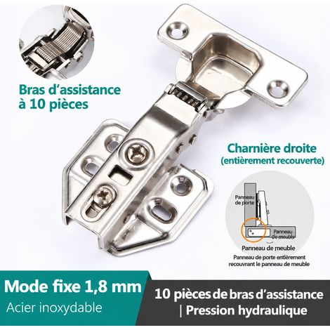 Charnière hydraulique 1,8 mm droite plein recouvrement 10 bras avec vis inox 304 1.8 10 réf 8389 – Livraison gratuite