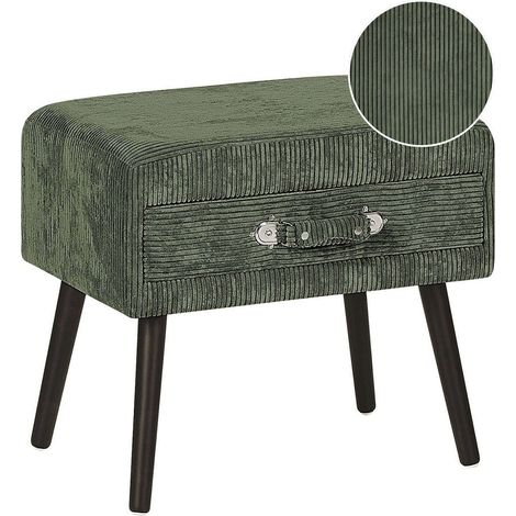Table de Chevet Tabouret en Velours Côtelé Vert avec Pieds Obliques en Bois et Tiroir Pratique Design Tendance pour Chambre Rétro et Vintage Beliani