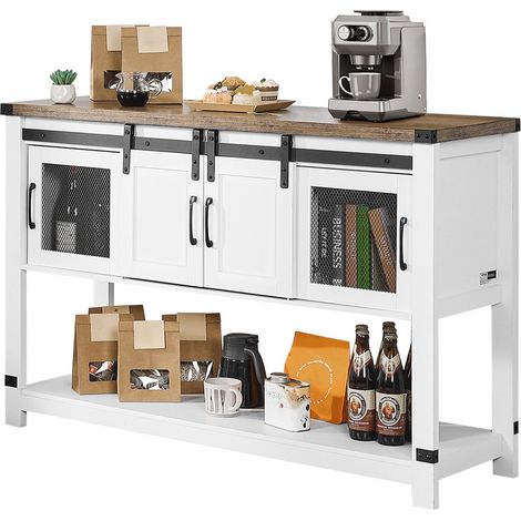 Meuble de bar à café, 120 x 39,8 x 83 cm, armoire de bar à café avec rangement à 4 niveaux, table basse avec portes de grange, buffet pour salle à manger, cuisine, entrée, salon, marron et blanc (1/5)