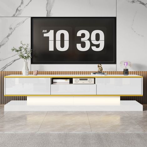 Meuble TV blanc moderne avec LED et 3 tiroirs de rangement 180 x 38 x 45 cm Meuble tv bas brillante avec compartiment ouvert (1/5)