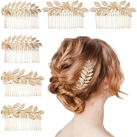 Set di 6 pettini per capelli a forma di foglia con strass dorati, con dentini, accessori per capelli da sposa, adatti a donne, spose e damigelle. (1/4)