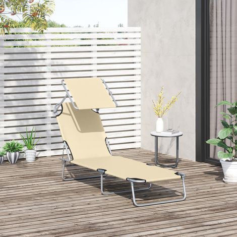 Transat pliant avec pare-soleil chaise longue jardin plage beige 187 x 58 x 36 cm